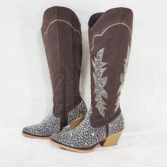 Yours Forever Shoes - Crystal Dark Brown Multi Rhinestones Country Glam Western Cowgirl Knee Boots